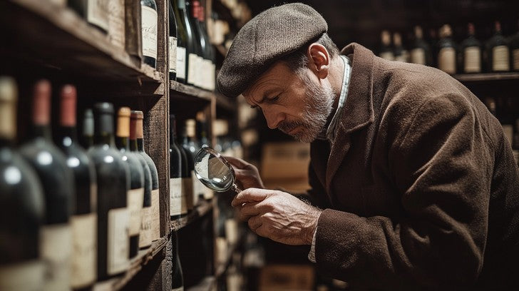 Detective inspecting a bottle of wine with a magnifying glass
