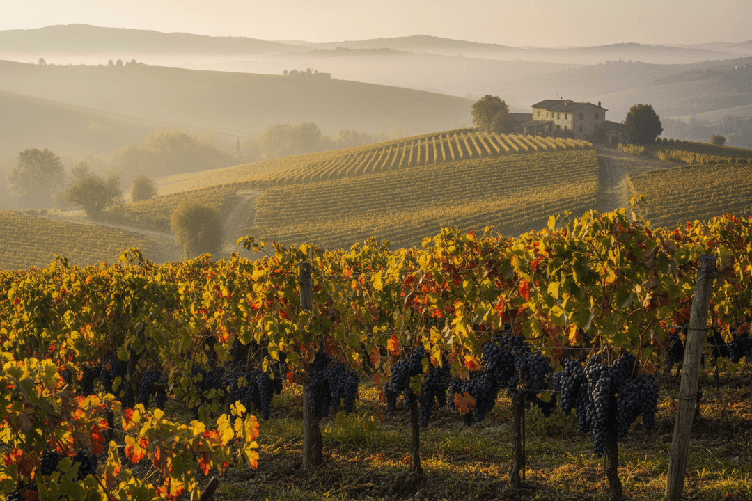 A piedmont vineyard with Nebbiolo grapes on the vines