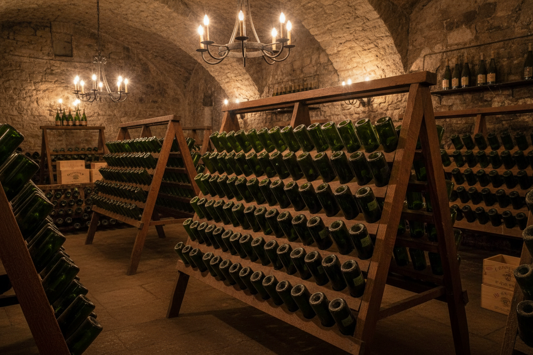 Champagne bottles aging on a rack in cellar